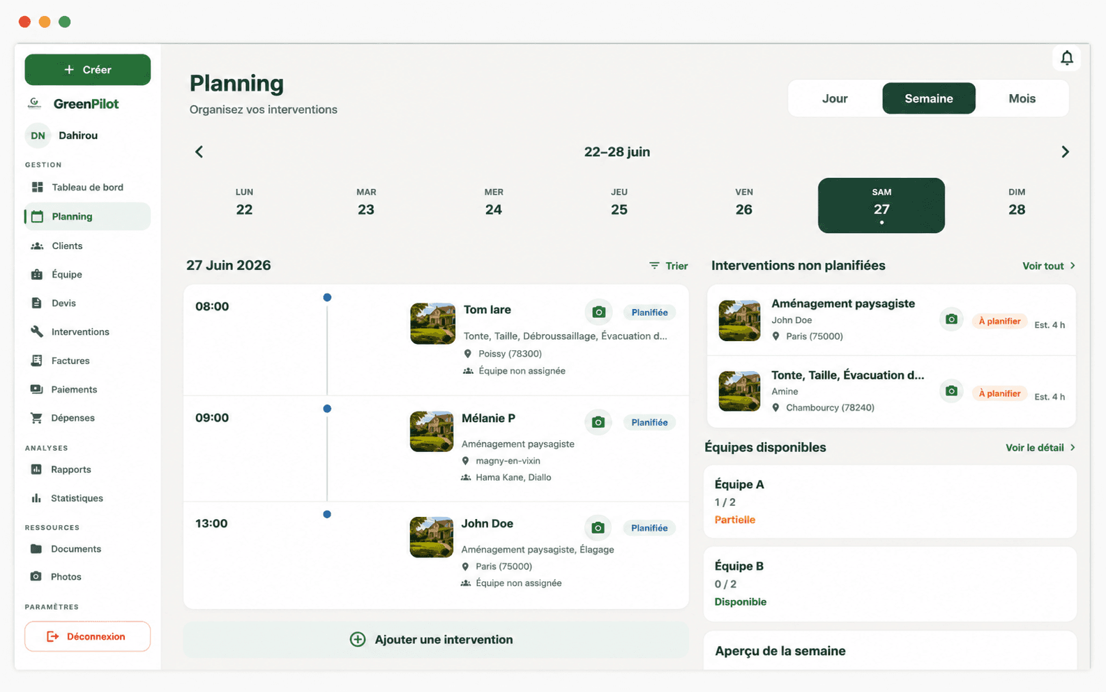 Planning — aperçu GreenPilot