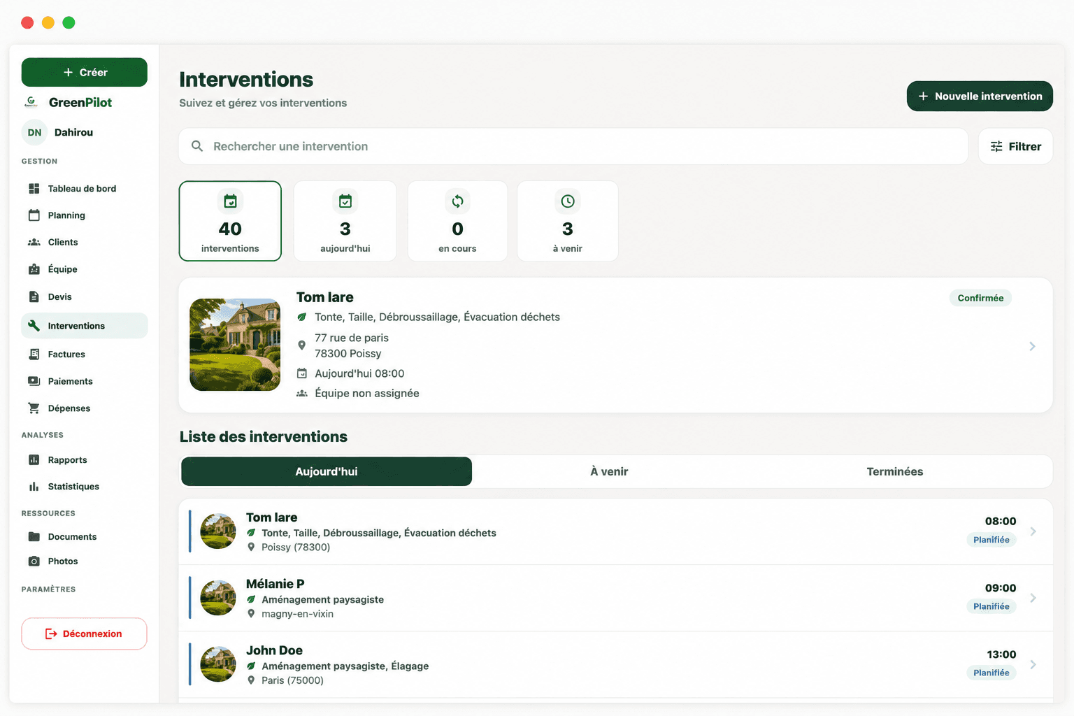 Liste des interventions — aperçu GreenPilot