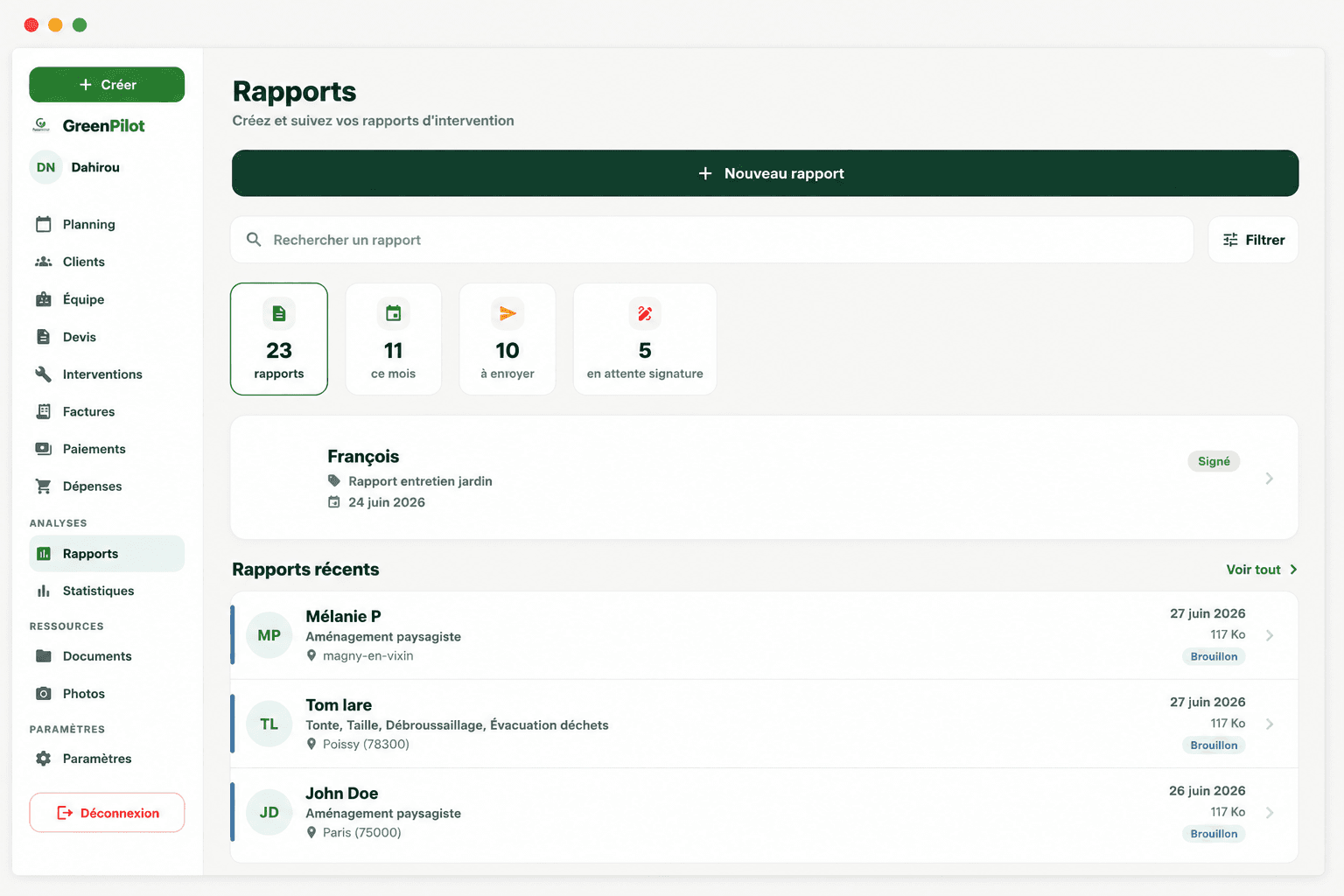 Création de rapport PDF — aperçu GreenPilot